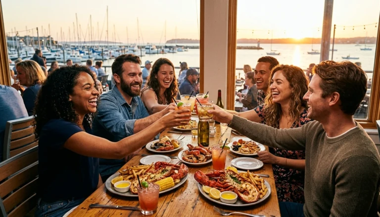 Friends dining at best restaurants in Cape Coral enjoying fresh seafood and cocktails by the marina
