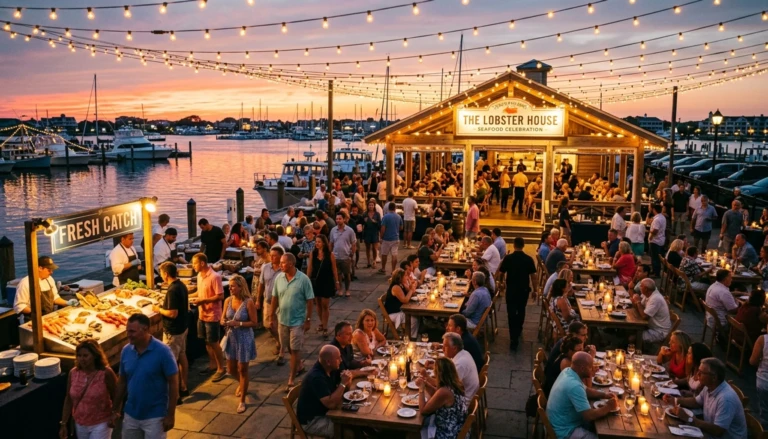 Best restaurants in Cape May NJ waterfront dining event with crowd, lights, and harbor atmosphere
