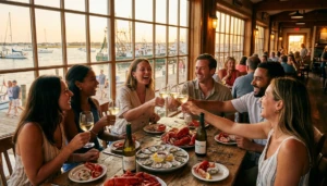 Friends enjoying fresh seafood at Cape May seafood restaurants with harbor views and golden hour lighting