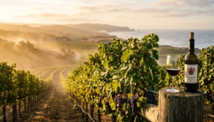 Golden hour vineyard scene on Cape May wine trail with grapevines and wine glass in soft sunlight