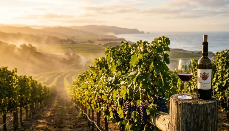 Golden hour vineyard scene on Cape May wine trail with grapevines and wine glass in soft sunlight