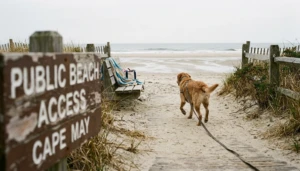 A leashed dog walking on a Cape May beach in soft overcast light — guide to are dogs allowed on Cape May beaches in the summer.
