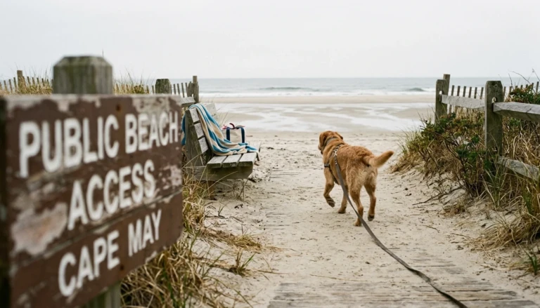 A leashed dog walking on a Cape May beach in soft overcast light — guide to are dogs allowed on Cape May beaches in the summer.
