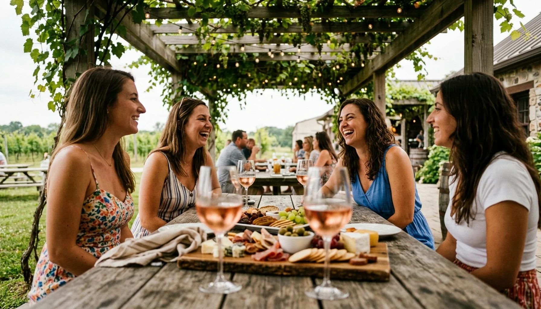 Bachelorette party Cape May group at a sunny winery terrace with rosé glasses poured, women in summer dresses