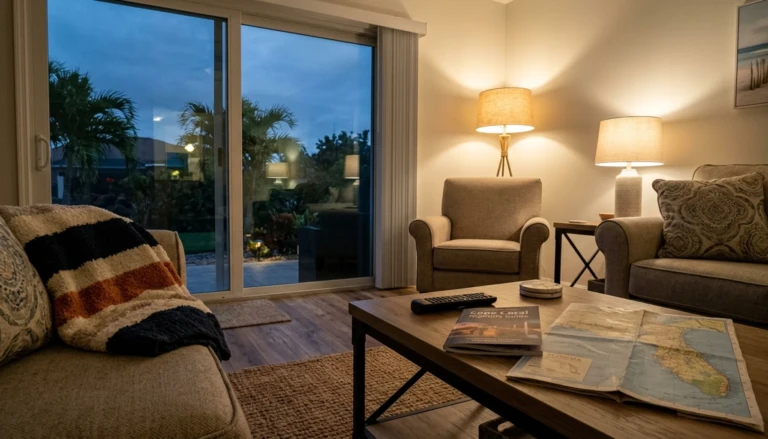 Cozy vacation rental living room near Cape Coral's best bars, with a local bar guide open on the coffee table at dusk