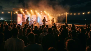 Live music crowd at a rooftop bar in Cape May NJ, silhouetted against warm stage lighting — best bars Cape May