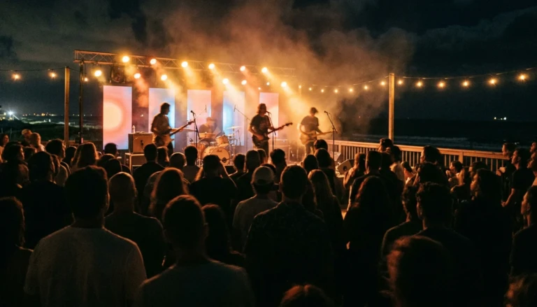 Live music crowd at a rooftop bar in Cape May NJ, silhouetted against warm stage lighting — best bars Cape May