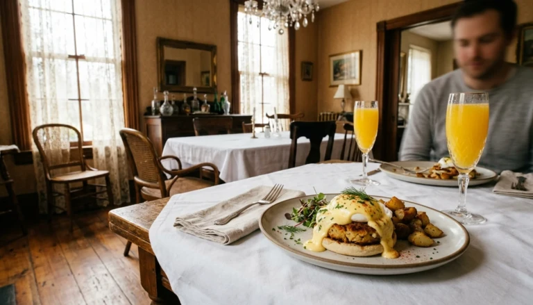 Crab cake eggs Benedict and mimosas on a table at the best brunch spot in Cape May NJ