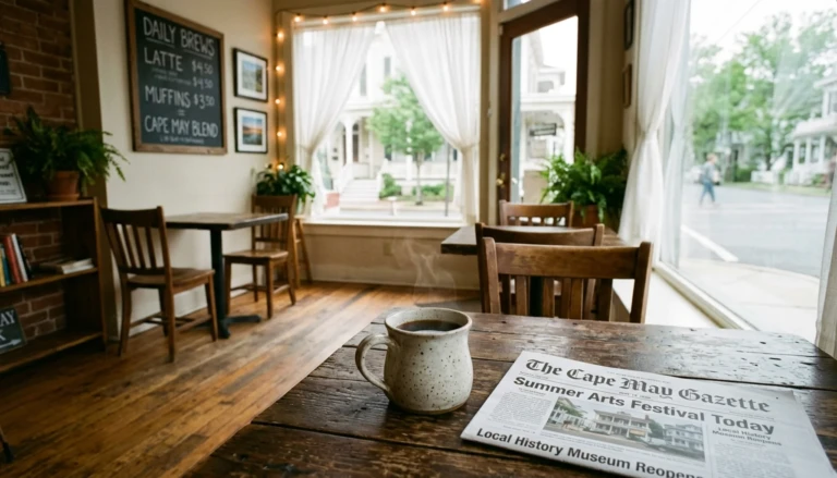 Cozy interior of one of the best coffee shops in Cape May NJ with a steaming mug on a wooden table and soft morning light