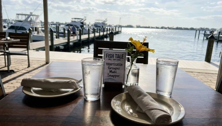Waterfront patio table at Fish Tale Grill, one of the best food spots in Cape Coral, with marina views and fresh daily-catch menu card.