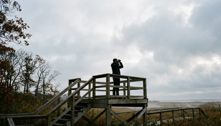Silhouetted birder on the Hawkwatch platform at Cape May Point State Park during fall raptor migration, Cape May NJ