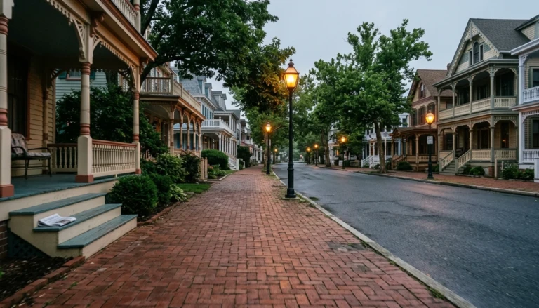 Cape May travel guide: empty Victorian-era street at dawn with ornate gingerbread cottages and amber streetlamps, no crowds.