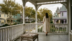 Victorian porch of a Cape May vacation home with two poured wine glasses and a figure overlooking a historic tree-lined street