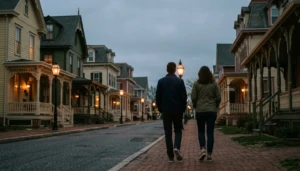 Couple walking a gaslit Victorian street in Cape May NJ, showing why Cape May is a good romantic getaway for couples.