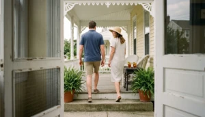 Couple arriving at a Victorian porch rental in Cape May New Jersey, viewed through a screen door on a quiet summer afternoon.