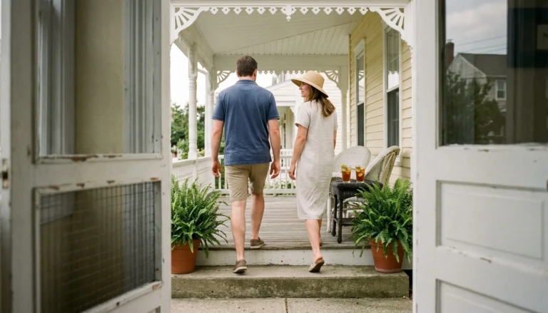 Couple arriving at a Victorian porch rental in Cape May New Jersey, viewed through a screen door on a quiet summer afternoon.