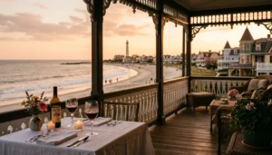 Romantic Cape May NJ coastal veranda with Victorian charm and golden hour ocean views