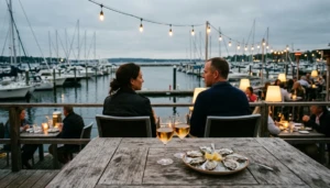 Waterfront restaurant table with oysters and wine glasses at Cape Coral marina dining spot, where to eat in Cape Coral