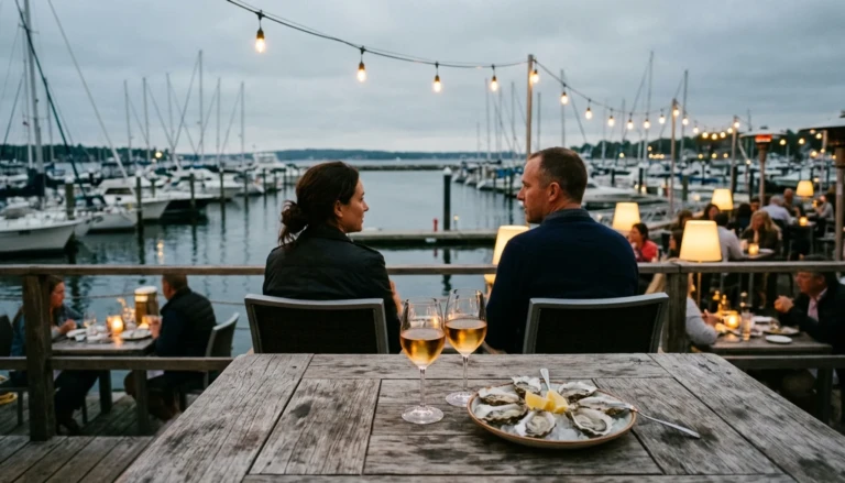 Waterfront restaurant table with oysters and wine glasses at Cape Coral marina dining spot, where to eat in Cape Coral