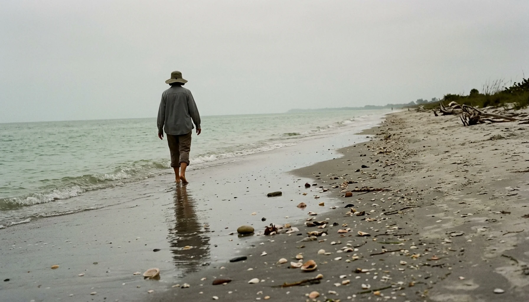 Shelling beach on Sanibel Island near Cape Coral FL with shells along the waterline and a lone figure walking the shoreline