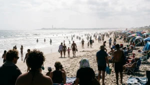 Crowded Cape May beach in summer with silhouetted beachgoers — best beaches Cape May NJ guide