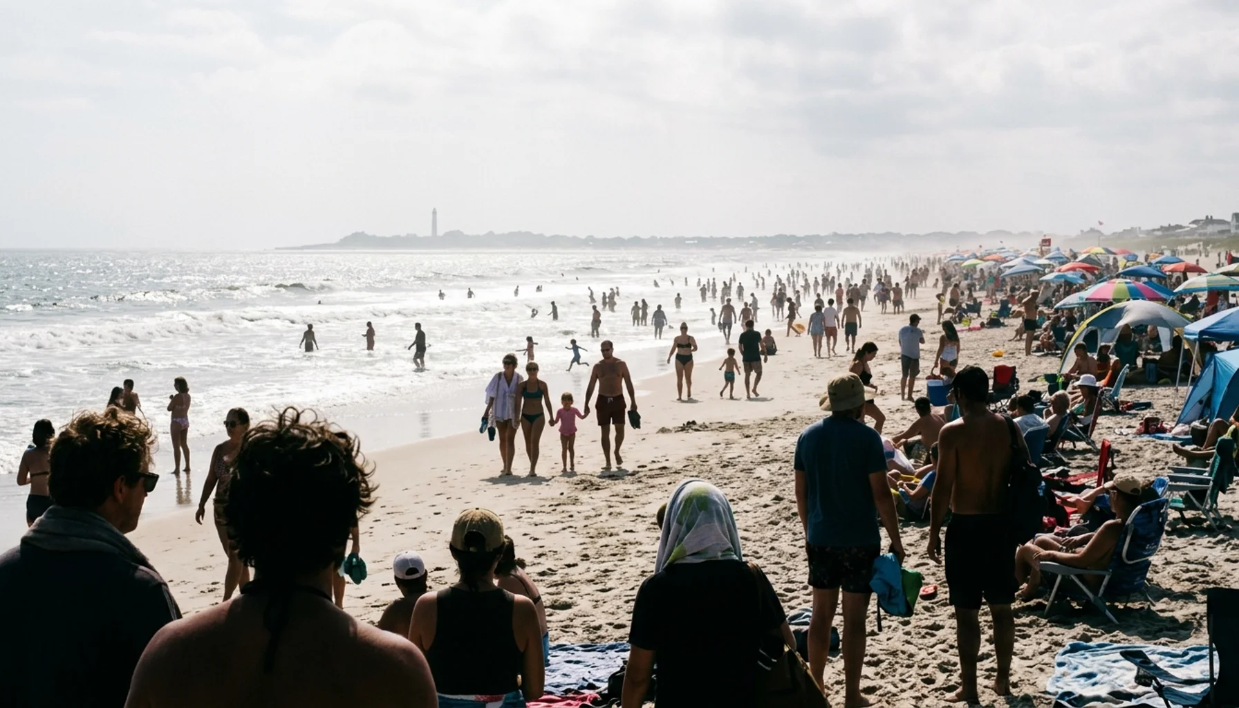 Crowded Cape May beach in summer with silhouetted beachgoers — best beaches Cape May NJ guide