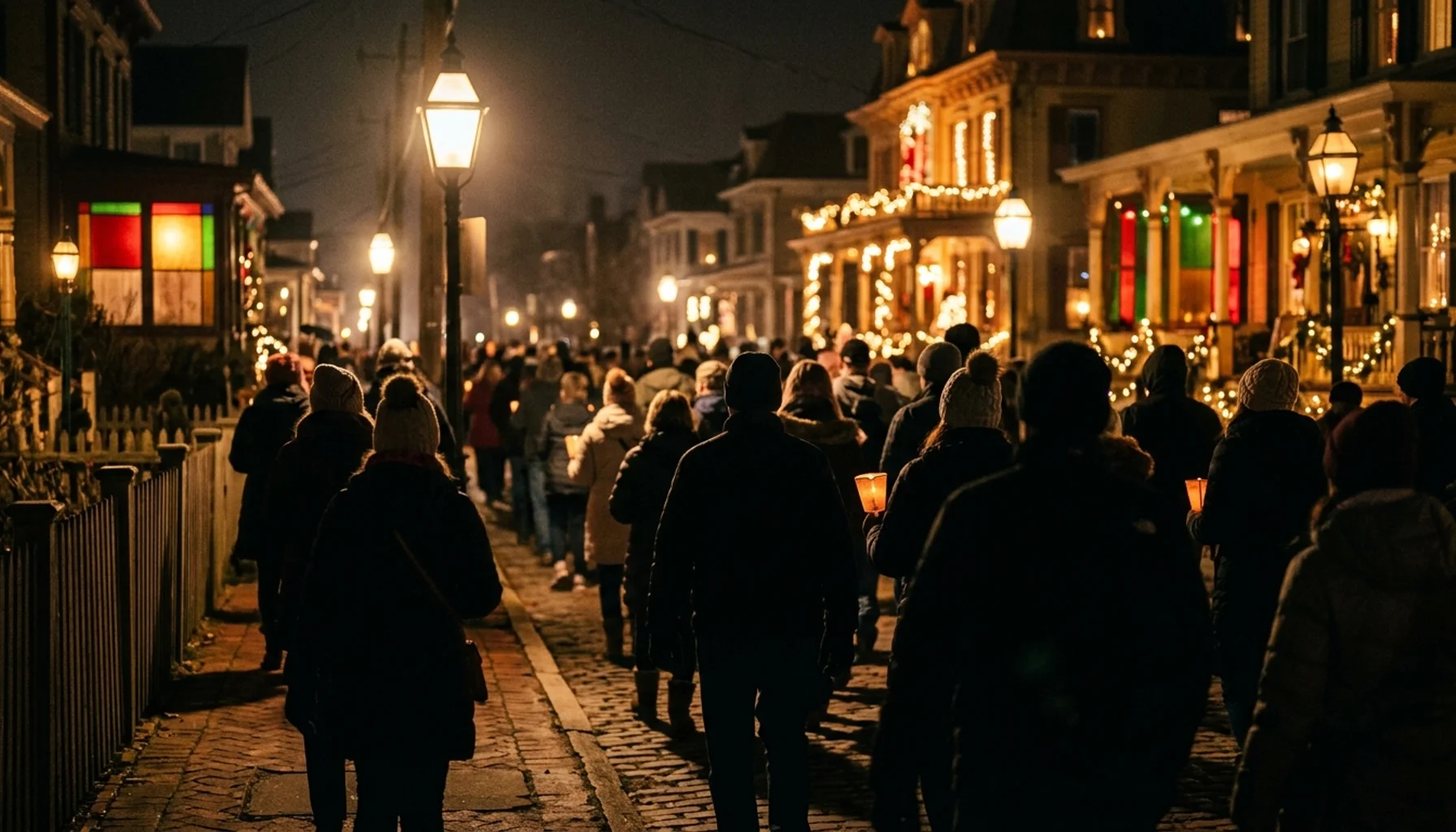 Crowd silhouettes at Cape May Christmas events along a Victorian gaslit street during a candlelight house tour