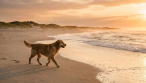 Dog-friendly beach in Cape May with leashed dog enjoying sandy shoreline during golden hour sunset