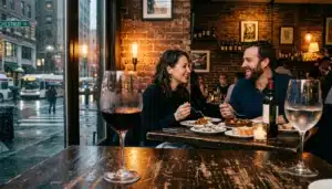 How to plan a trip to Philadelphia — couple dining at a candid Philadelphia restaurant with wine and plates on a warm brick-walled interior