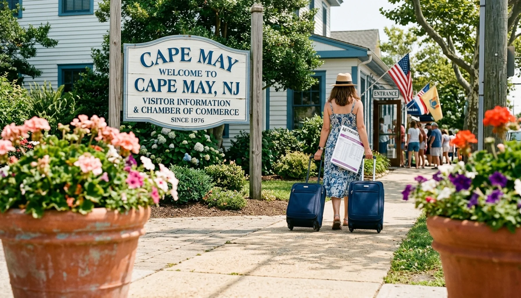 Traveler arriving at Cape May Welcome Center on a sunny summer day, a Philadelphia to Cape May trip destination