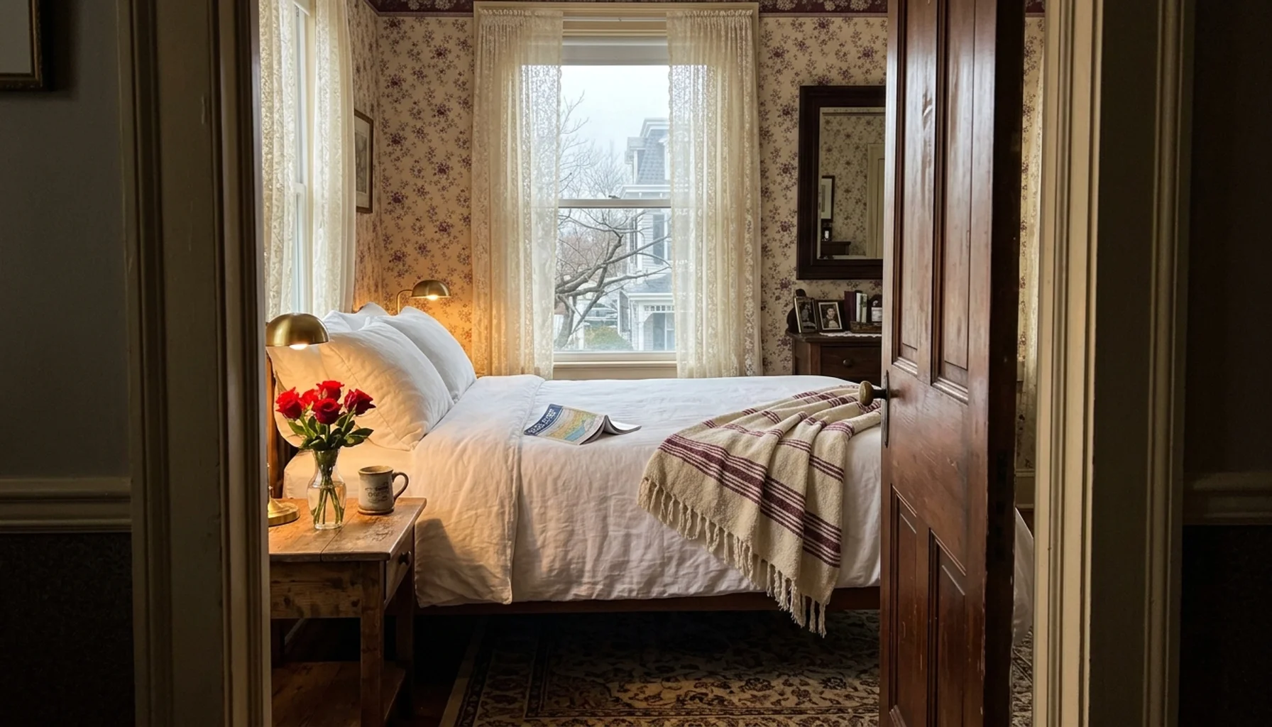 Cozy Cape May Victorian rental bedroom with roses and open guidebook — valentine's day and honeymoon getaway ideas on the Jersey Shore