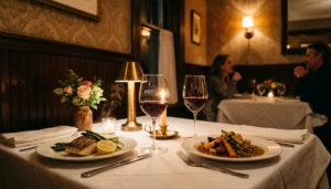 Romantic candlelit restaurant table in Cape May NJ with wine and plated dinners — most romantic things to do in Cape May for couples