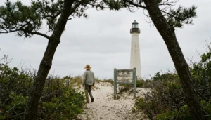 Cape May Lighthouse rising above coastal scrub in Cape May Point State Park — family friendly activities in Cape May beyond the beach