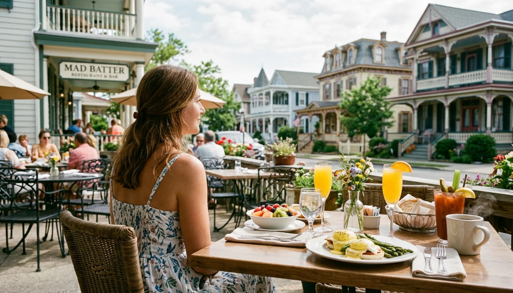 Sunny terrace brunch table in Cape May with mimosas poured, showing why it's the best brunch near me spot