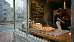 Cape May pizza shop window view showing a fresh pie, illustrating tips for finding the best pizza near me