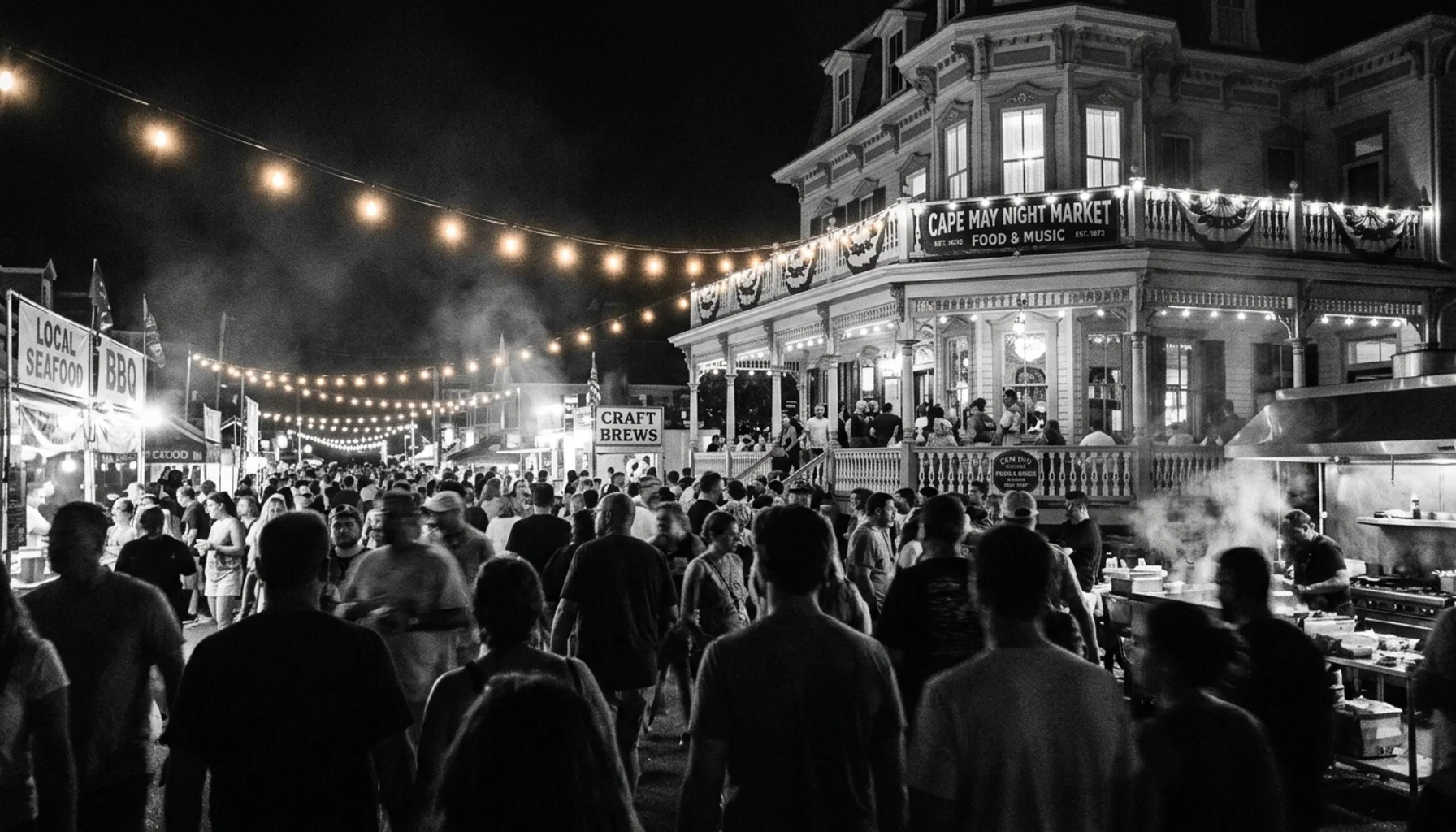 Crowd at a Cape May night market near historic restaurants, capturing the search for best restaurants near me