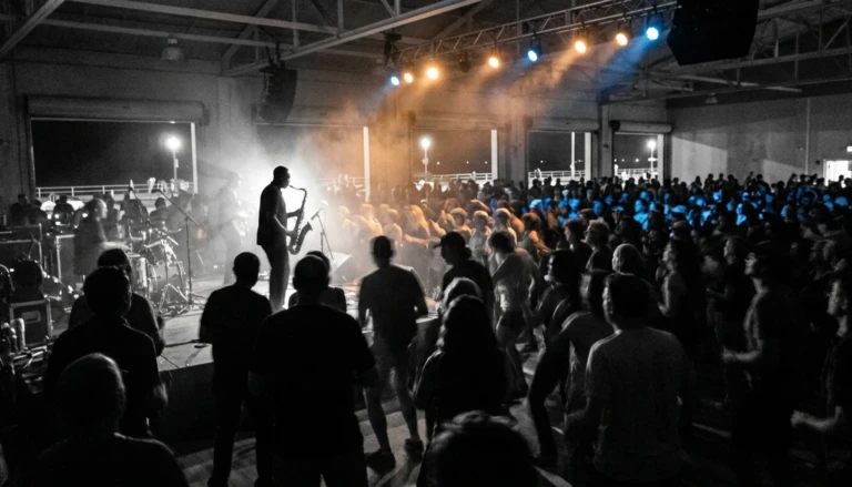 Crowd at Cape May Jazz Festival 2026 schedule event inside Convention Hall with stage lights and haze