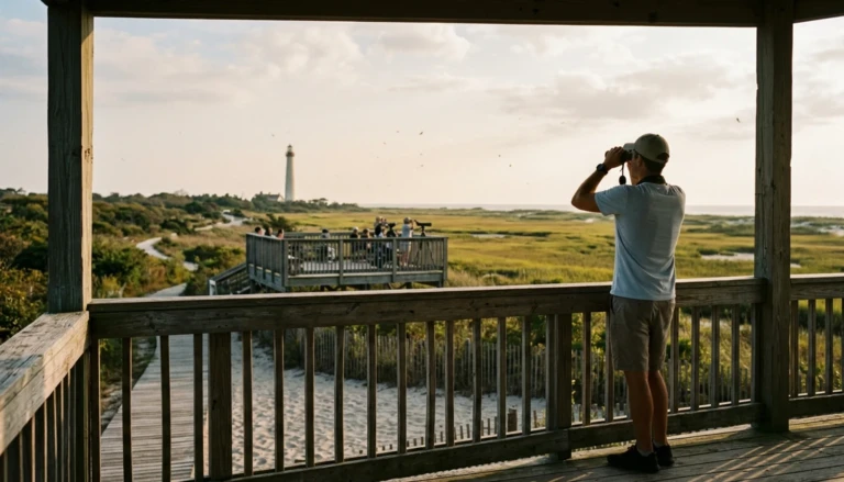 Birdwatcher at Cape May Point hawkwatch platform, showing why Cape May NJ is worth visiting in fall