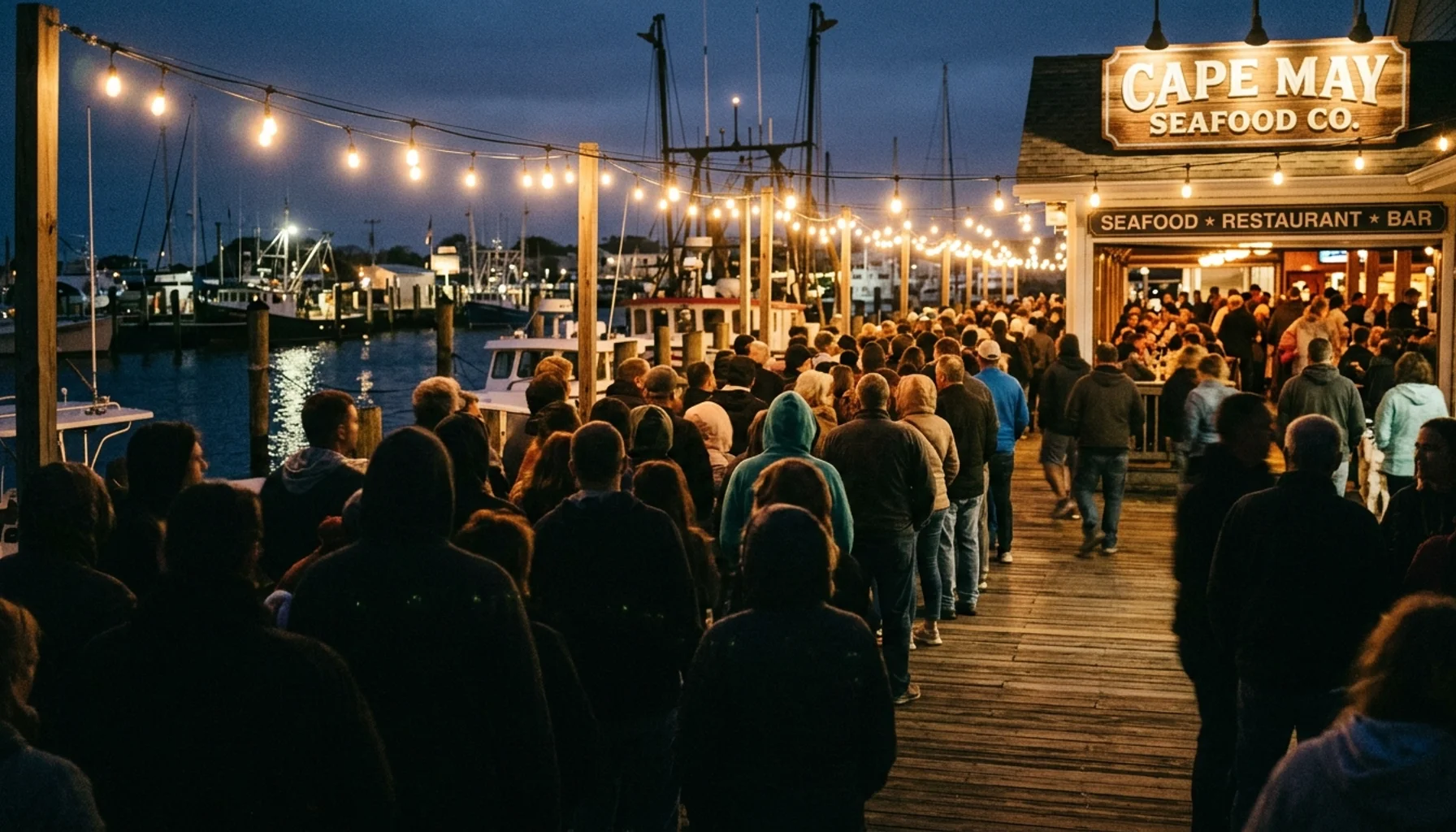Crowd waits at a Cape May harbor dock for the best seafood near me during peak tourist season
