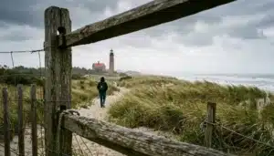 Cape May Point lighthouse and dune grass, the coastal cape named by Dutch captain Cornelius Mey