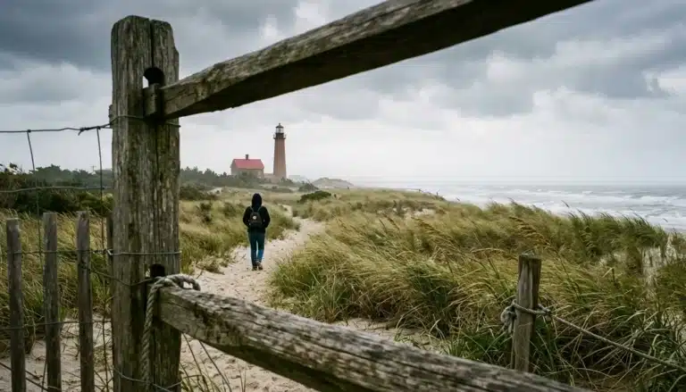 Cape May Point lighthouse and dune grass, the coastal cape named by Dutch captain Cornelius Mey