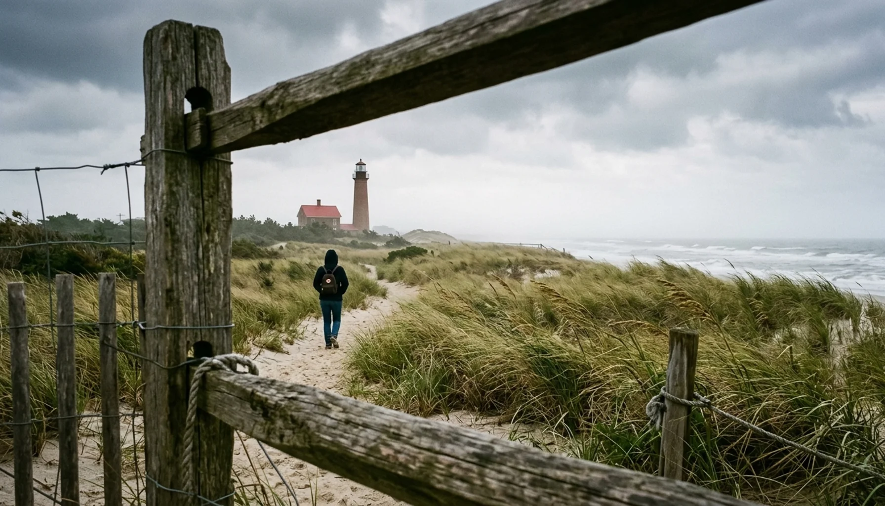 Cape May Point lighthouse and dune grass, the coastal cape named by Dutch captain Cornelius Mey