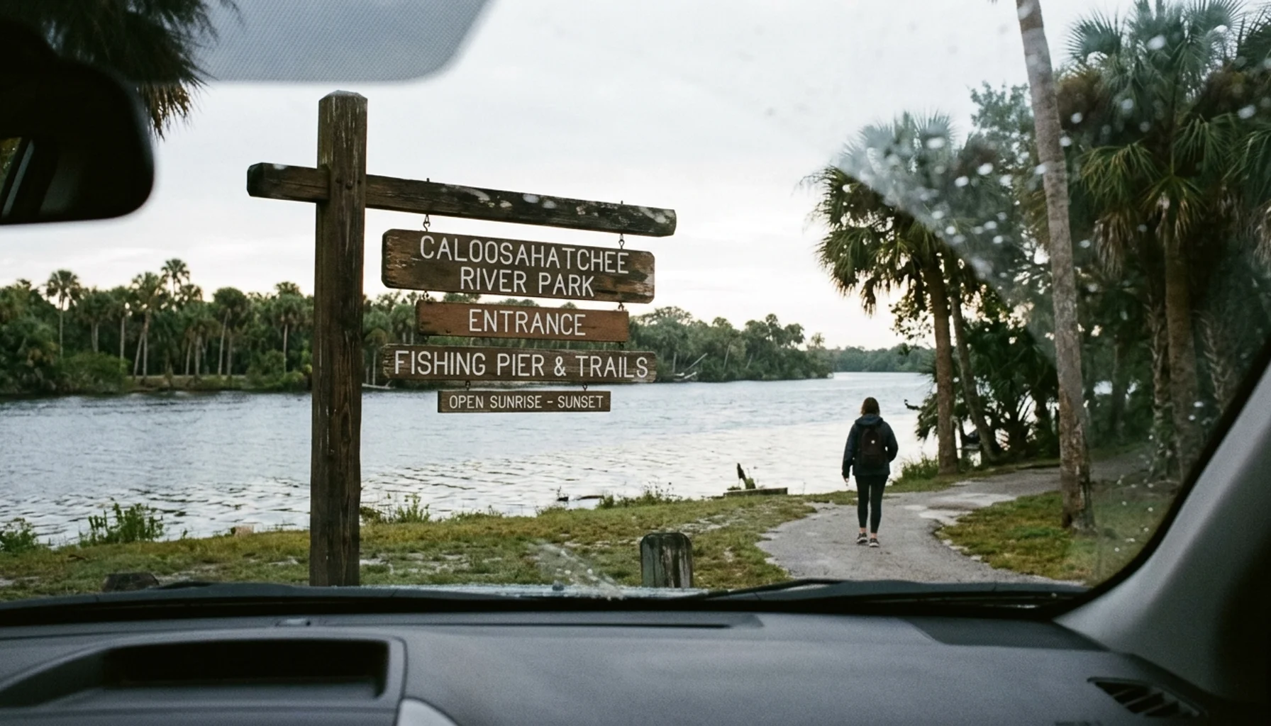 Riverside park sign near Cape Coral showing how far is the beach from Cape Coral to nearby waterfront spots