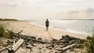Sunset Beach in Cape May, NJ, open and free to enter with no gate or ticket booth on the sandy shore