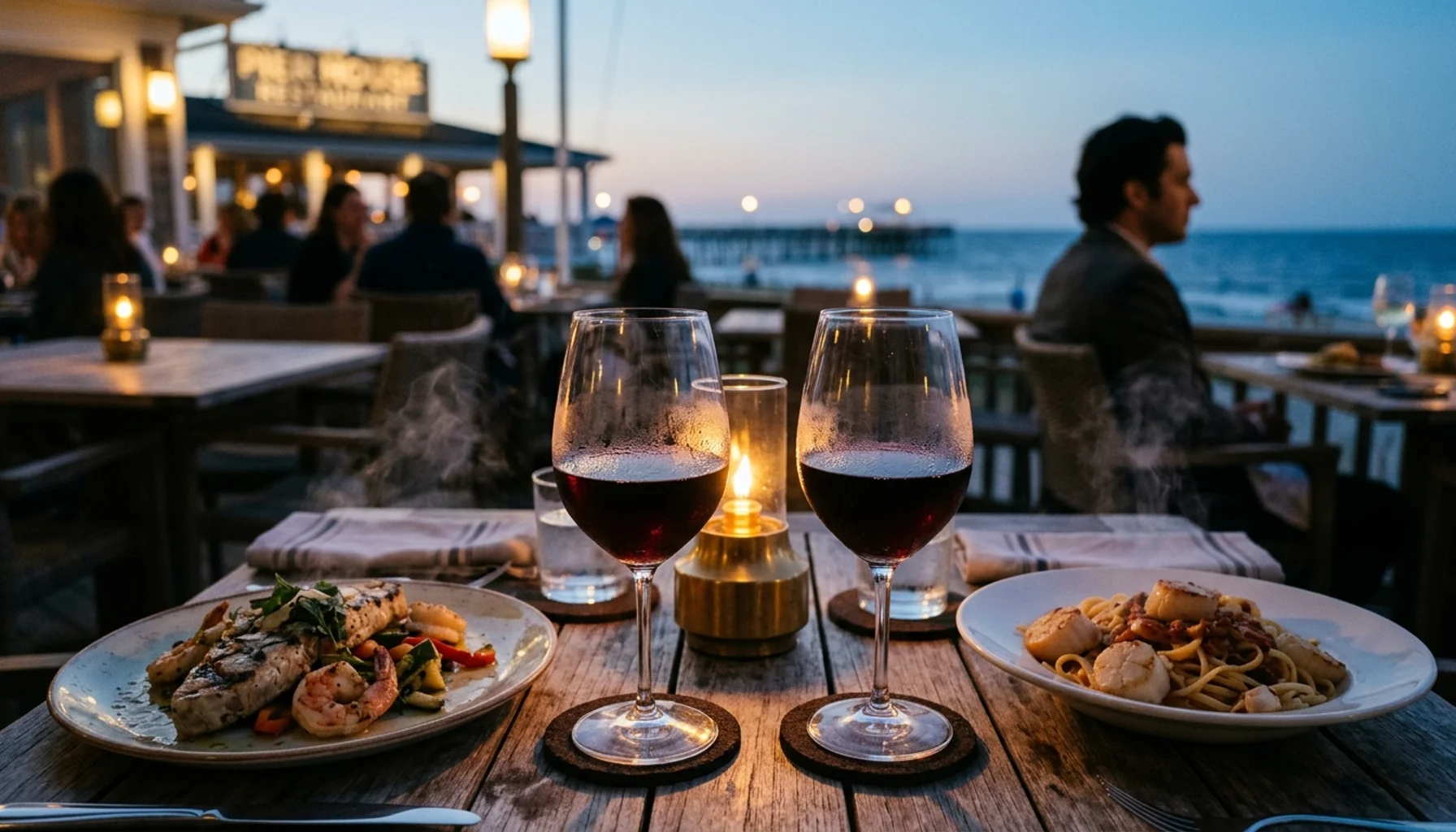 Two wine glasses poured on an oceanfront table at Pier House Restaurant Cape May during dinner service