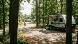 Wooded RV campsite at Sun Outdoors Cape May with trailer, awning, and sunlit gravel pad
