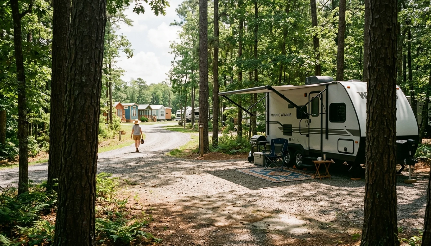 Wooded RV campsite at Sun Outdoors Cape May with trailer, awning, and sunlit gravel pad