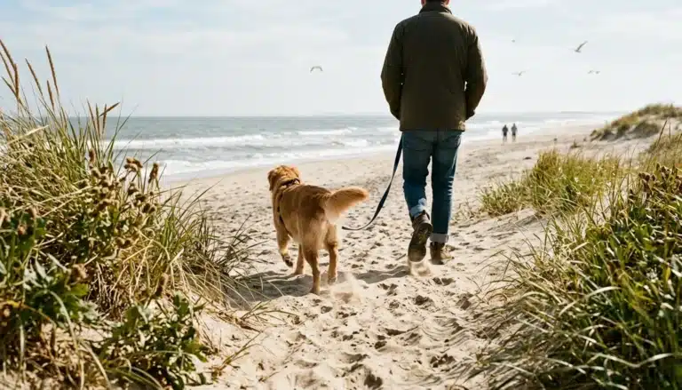 Leashed dog walking toward Higbee Beach, the most dog friendly beach near Cape May, NJ