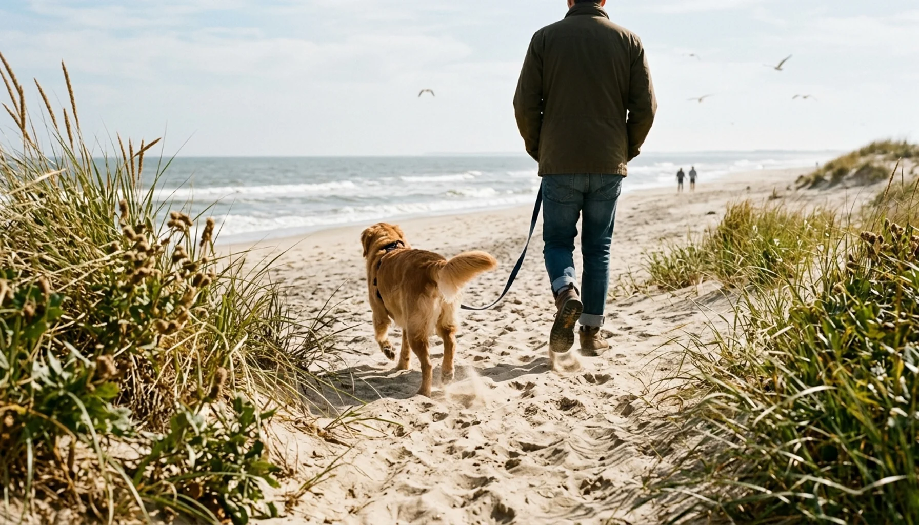 Leashed dog walking toward Higbee Beach, the most dog friendly beach near Cape May, NJ