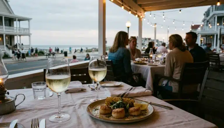 Restaurant terrace in Cape May where to eat near me with wine poured and plated seafood at dusk